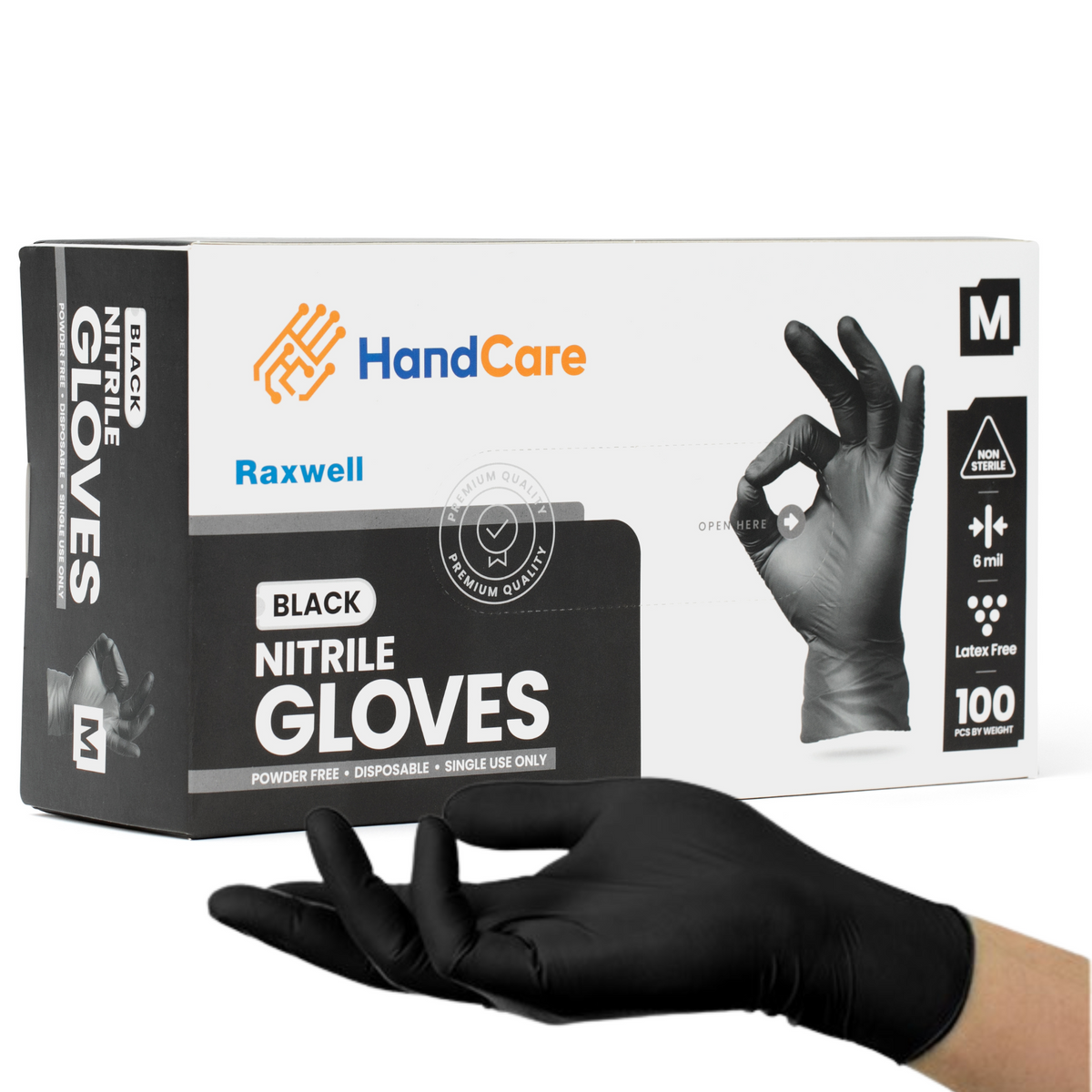 HandCare Black Nitrile Gloves - Exam Grade, Powder Free (6 Mil), 100 Gloves (1 Box)