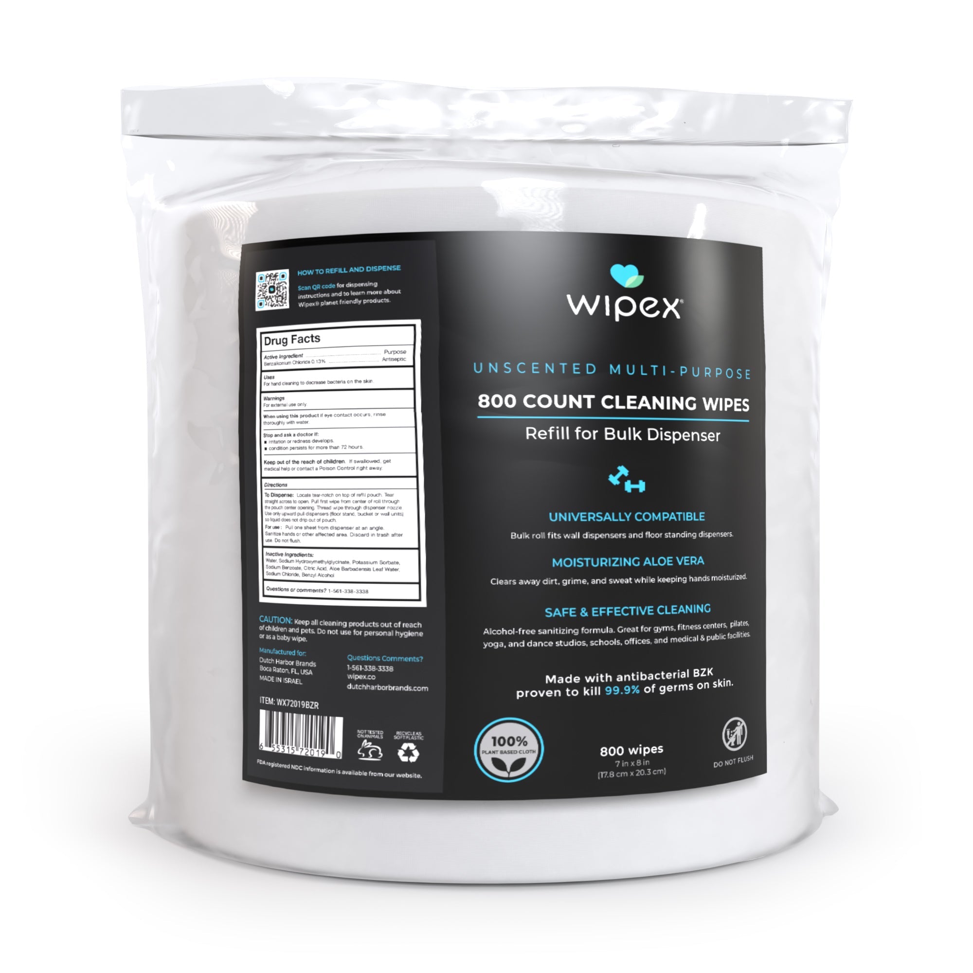 Wipex® 800ct Bulk Antibacterial Wipes Refill Roll | Skin-Safe Sanitizing Wipe | TÜV-Certified Plant-Based Cloth