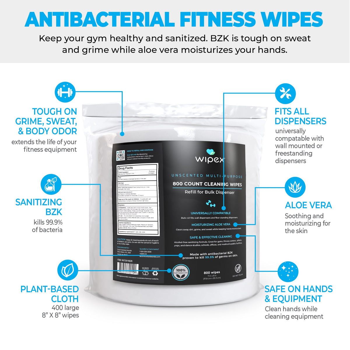 Wipex® 800ct Bulk Antibacterial Wipes Refill Roll | Skin-Safe Sanitizing Wipe | TÜV-Certified Plant-Based Cloth