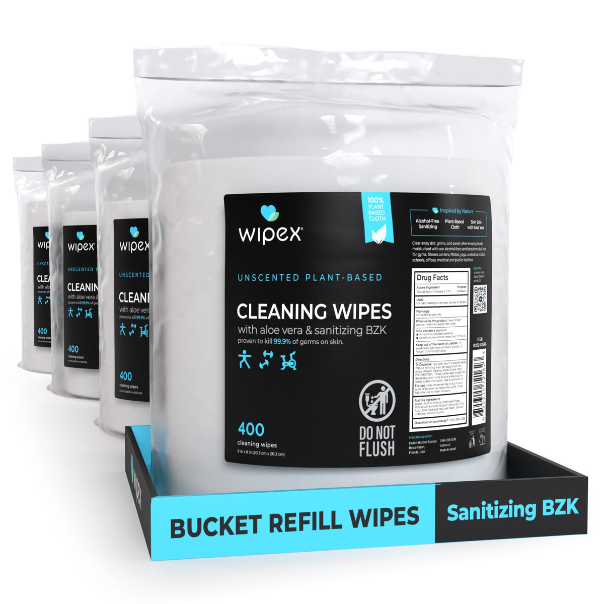 Wipex® Bulk Antibacterial Wipes Portable Dispensing Bucket 400ct | Skin-Safe Sanitizing Wipe | TÜV-Certified Plant-Based Cloth