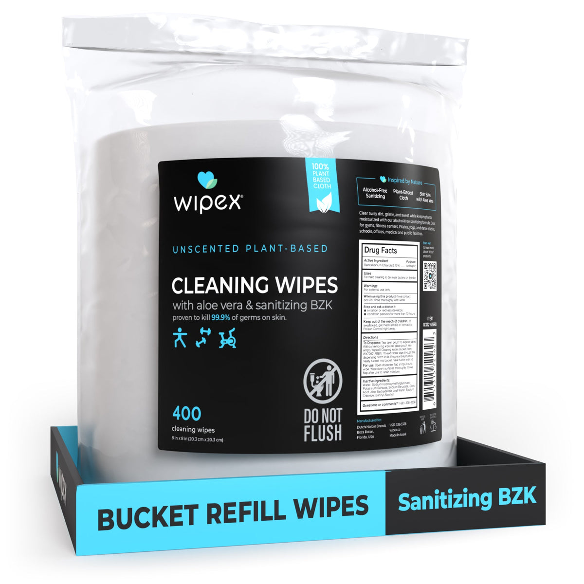 Wipex® Bulk Antibacterial Wipes Portable Dispensing Bucket 400ct | Skin-Safe Sanitizing Wipe | TÜV-Certified Plant-Based Cloth