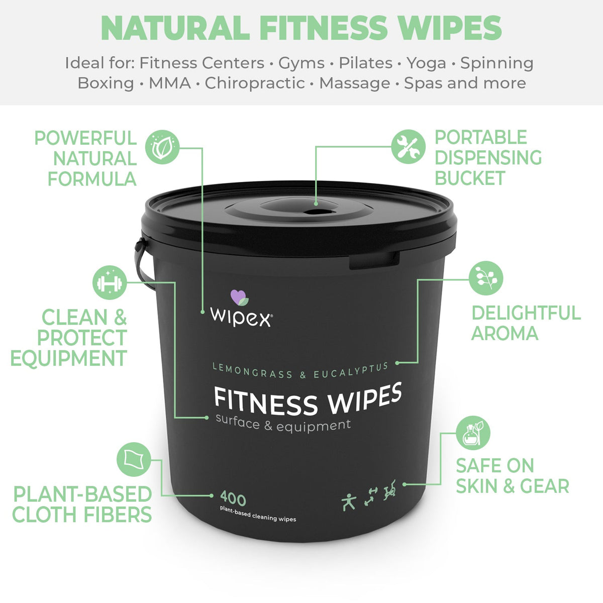 Wipex Natural Gym Wipes Starter Bundle | Dispenser Bucket with Refill | Plant-Based Wipes for Fitness Equipment