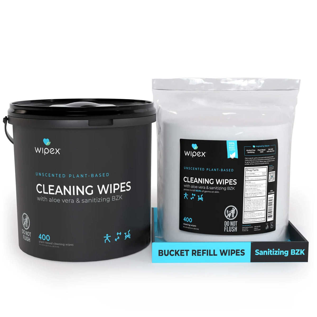 Wipex® Bulk Antibacterial Wipes Portable Dispensing Bucket 400ct | Skin-Safe Sanitizing Wipe | TÜV-Certified Plant-Based Cloth