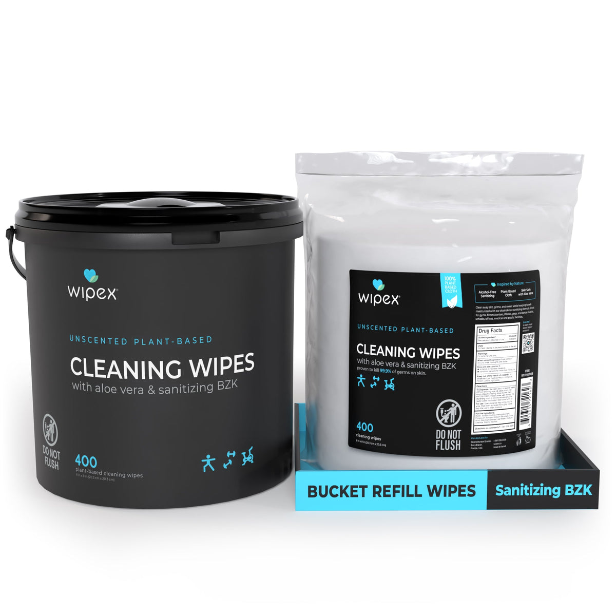 Wipex® Bulk Antibacterial Wipes Portable Dispensing Bucket 400ct | Skin-Safe Sanitizing Wipe | TÜV-Certified Plant-Based Cloth