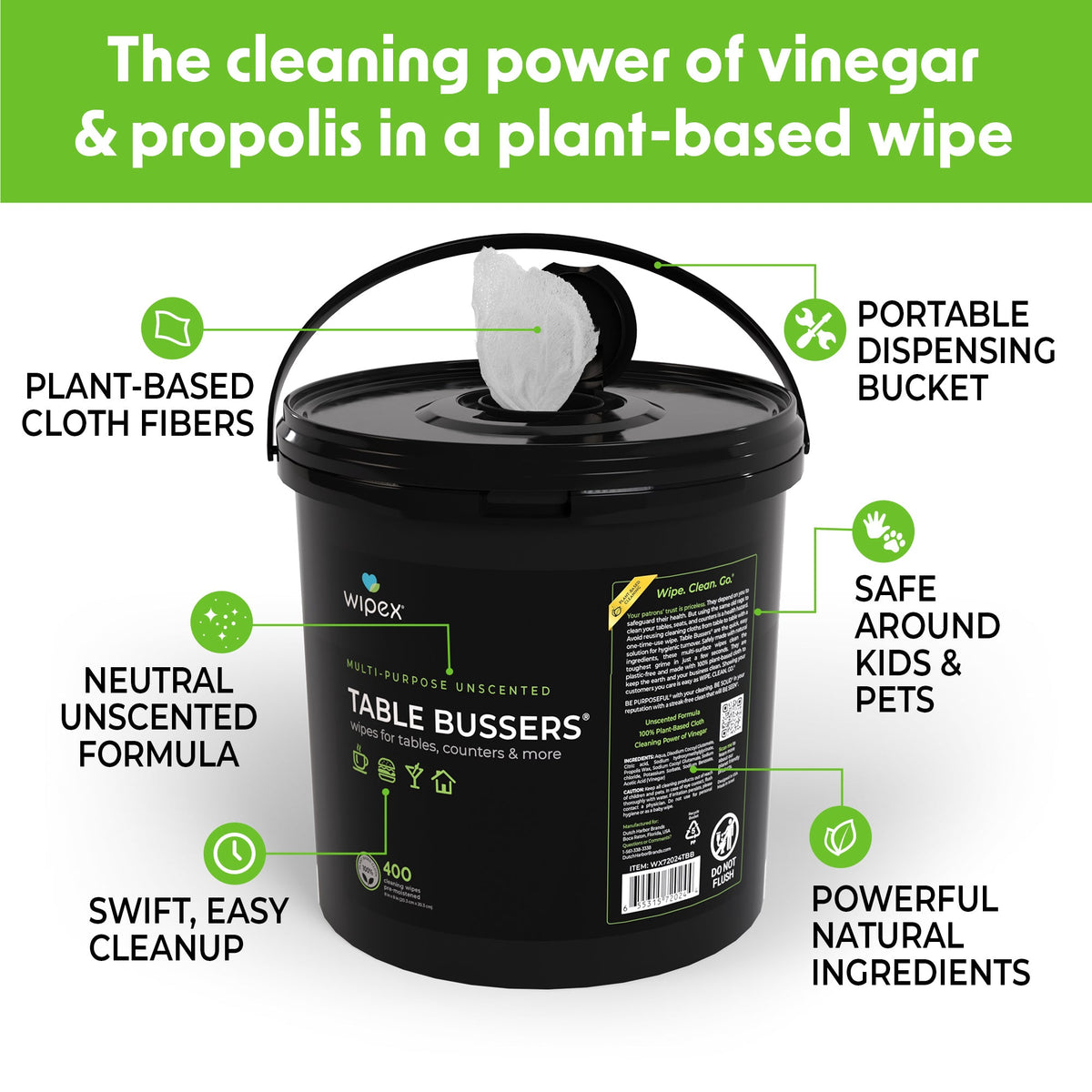 Wipex® Table Bussers® Natural Unscented Cleaning Wipes for Home & Food Service | Plant-Based | Portable Bucket