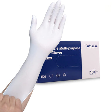 a person donning the Wostar White Nitrile Gloves while pulling and showing its stretchy fit 
