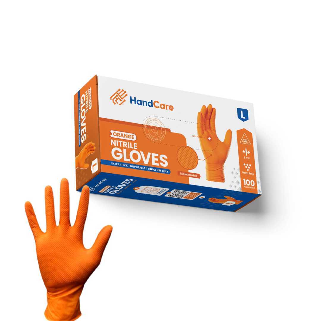 HandCare Orange Nitrile Gloves - Powder Free (8 Mil), 100 Cases (Bulk)