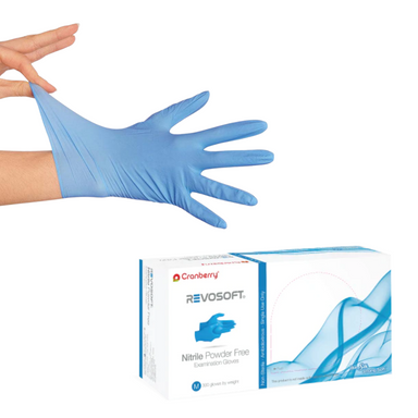 1 Box of REVOSOFT Nitrile Powder Free Examination Gloves in medium when worn in the hand.