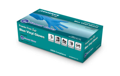1 box of  ADVANCE Powder Free Blue Vinyl Gloves