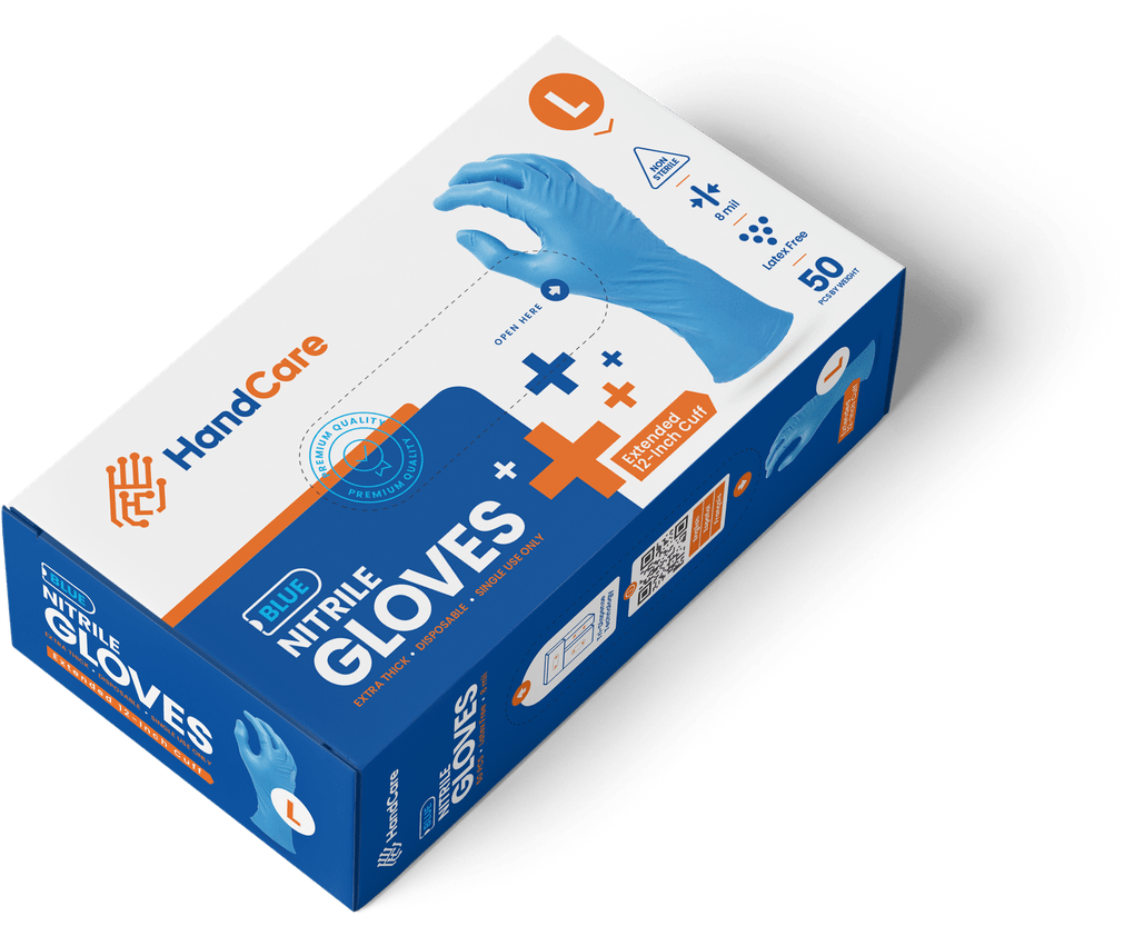 single box with 50 pieces of HandCare Blue Nitrile Gloves in 8 Mil thickness