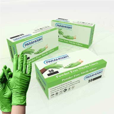 3 boxes of green Paramount, Powder Free, Nitrile Glove
