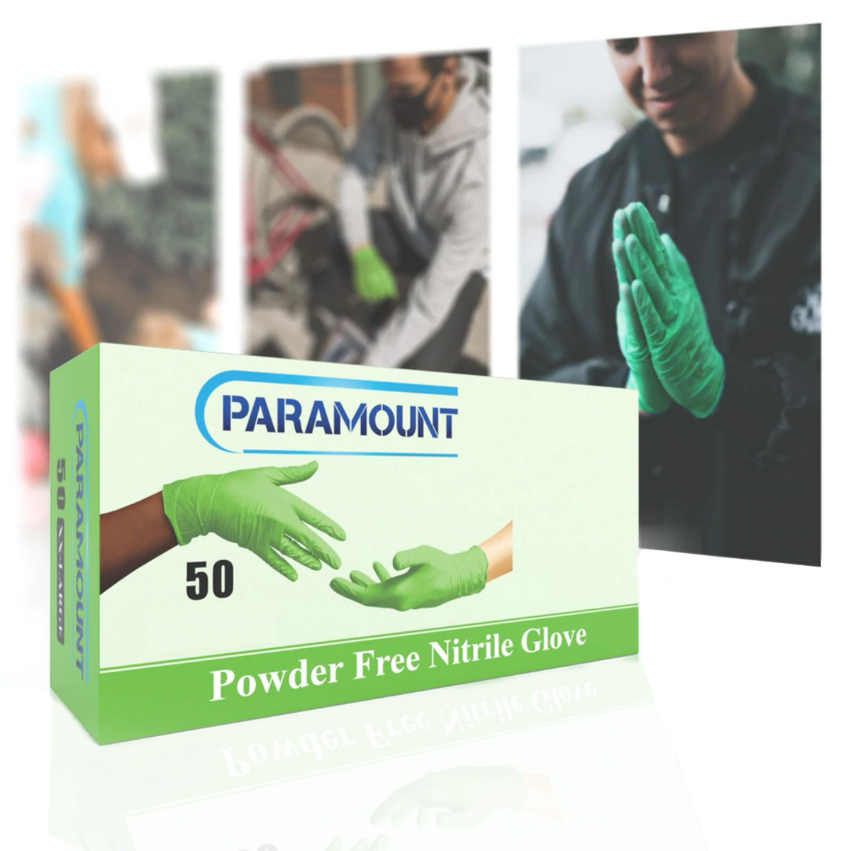 3 boxes of green Paramount, Powder Free, Nitrile Glove, when worn in the hands