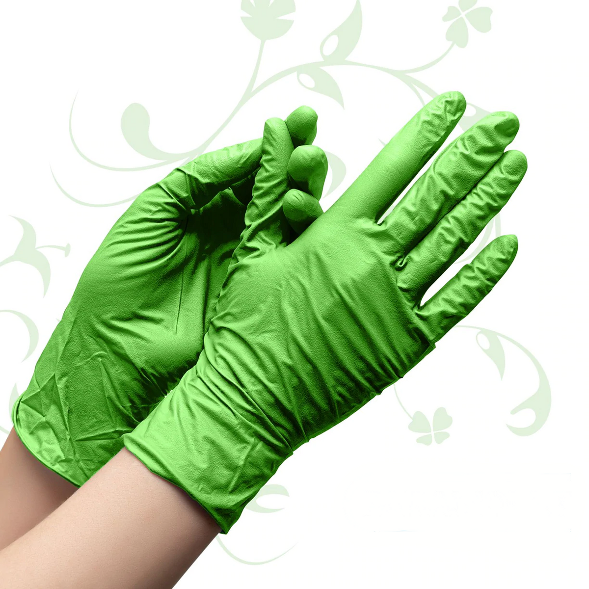 Wearing green gloves in the hands