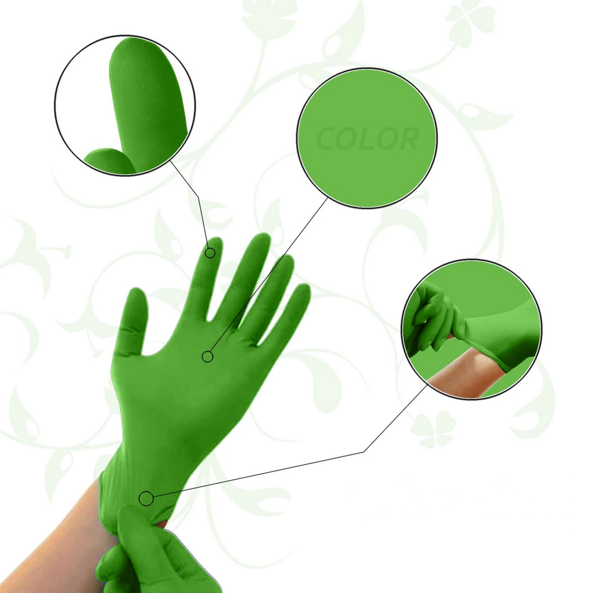 Wearing green glove in the hand