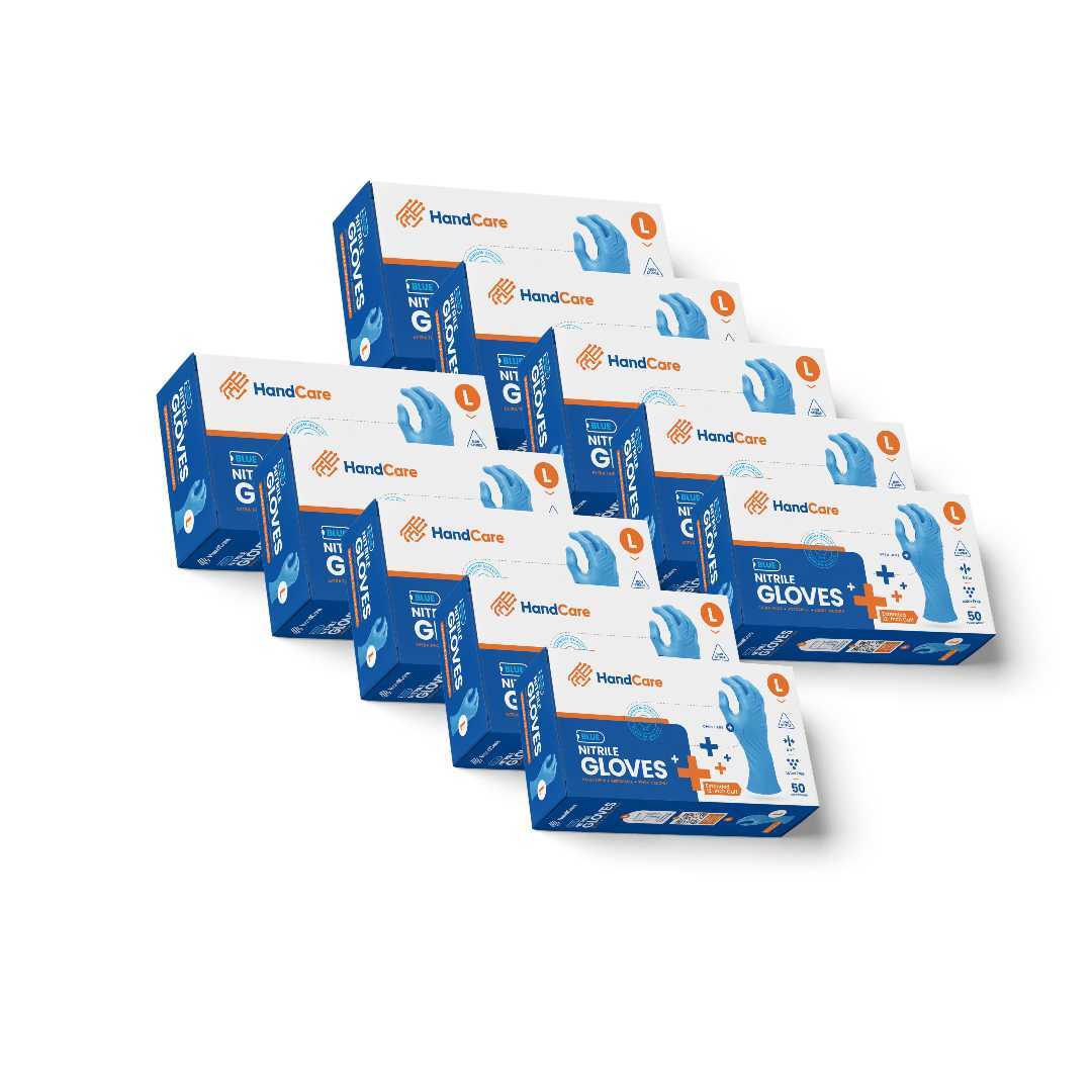 HandCare Blue Nitrile Gloves - Exam Grade, Powder Free (8 Mil), 500 Gloves- 20 CASES (BULK)