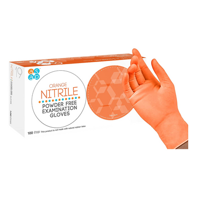 1 Box of Orange Nitrile, Powder Free, Examination Gloves, when worn in the hand.